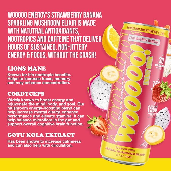 Wooooo! Energy Ric Flair Sparkling Adaptogenic Mushroom Energy Drink | Natural Antioxidants & Nootropics | Lion’s Mane & Cordyceps | 150mg Caffeine | 12 Pack (Strawberry Banana)