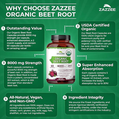 Zazzee USDA Organic Beet Root 8000 mg Strength 20:1 Extract, 60 Vegan Quick Release Capsules, Black Pepper Extract for Enhanced Absorption, Supports Nitric Oxide Production, Non-GMO, Made in The USA