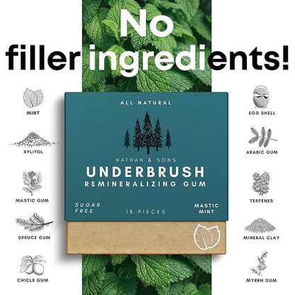 UnderBrush Mastic Mint Chewing Gum – Sugar-Free Xylitol Gum with Hydroxyapatite – No Gluten, Sugar, Aspartame and Sucralose - Tree Sap Chewing Base – 2 Pack