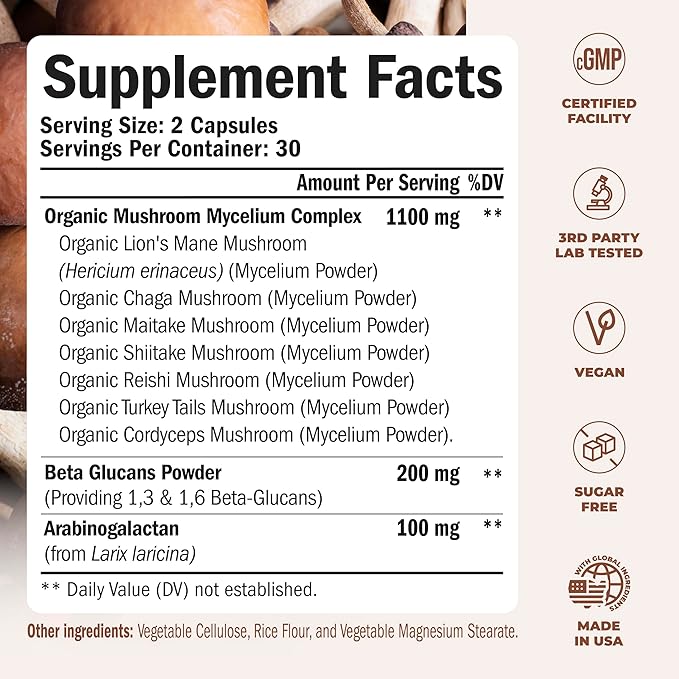 7-in-1 Mushroom Powder Supplement - Organic Lions Mane Powder, Reishi Mushroom, Cordyceps, Chaga. Mushroom Complex Capsules for Memory, Focus, Immune Support & Energy. 60 Turkey Tail Mushroom Capsules