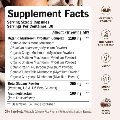7-in-1 Mushroom Powder Supplement - Organic Lions Mane Powder, Reishi Mushroom, Cordyceps, Chaga. Mushroom Complex Capsules for Memory, Focus, Immune Support & Energy. 60 Turkey Tail Mushroom Capsules