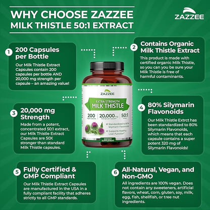 Zazzee Organic Milk Thistle 50:1 Extract, 20,000 mg Strength, 200 Vegan Capsules, 80% Silymarin Flavonoids, Over 6 Month Supply, Standardized and Concentrated 50X Extract, All-Natural and Non-GMO