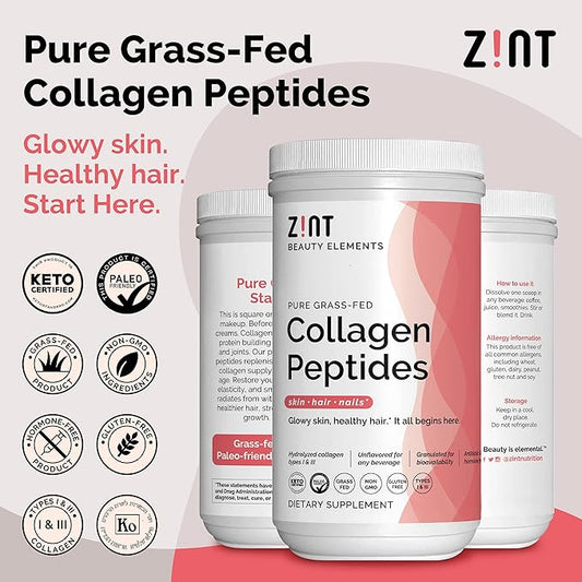 Zint Collagen Peptides Powder (32 oz): Anti Aging Hydrolyzed Collagen Protein Powder Beauty Supplement - Skin, Hair, Nails