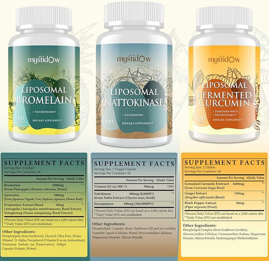 Spike Support Trio | Liposomal Nattokinase 8000 FU 500mg, Bromelain 1150 mg & Fermented Curcumin 1800 mg | High Potency, Enhanced Absorption Formula | for Immune, Heart & Circulatory| 60 Servings