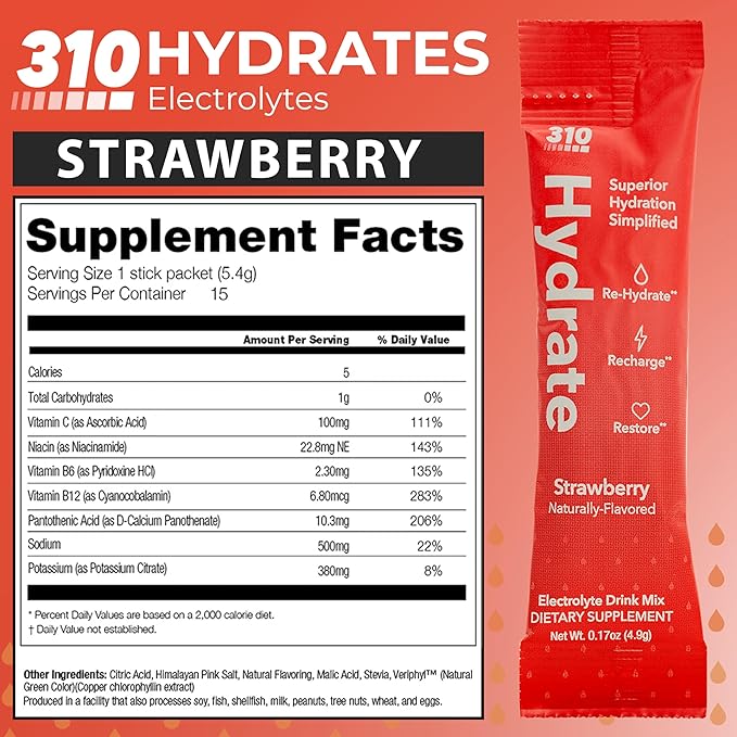 310 Hydrate Electrolytes Powder Packets - No Sugar Hydration Packets with Key Vitamins & Minerals - Keto Friendly - Tasty Sugar Free Electrolyte Drink - 15 Single Servings, Strawberry Flavor