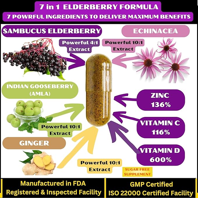 7X Elderberry with ZINC, Vitamin C, Vitamin D, Echinacea, Ginger & Indian Gooseberry (Amla).Premium Elderberry Capsules 90 ct, All Natural,Vegan,Non-GMO, No Rice Powder, No-Gluten, No Sugar