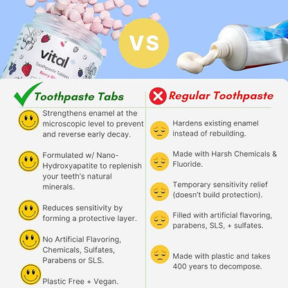 Vital Toothpaste Tabs with Nano-Hydroxyapatite | Berry Blast | Remineralizes Teeth | Kids Love It! | Fluoride Free | Plastic Free & Eco Friendly | Travel & TSA Approved | 248 Tablets (4 Months)