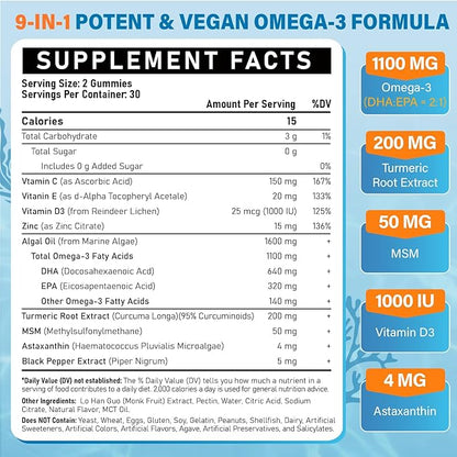 Vegan Omega 3 Gummies 1100mg + Turmeric - Alage Oil Omega 3 Supplement for Adults with DHA 640mg & EPA 320mg - Plus MSM, Astaxanthin, Vitamin E, D3, Black Pepper, Sugar-Free, 60 Counts