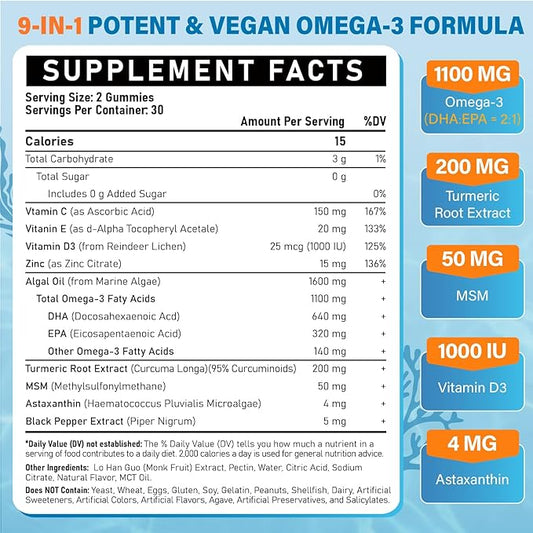 Vegan Omega 3 Gummies 1100mg + Turmeric - Alage Oil Omega 3 Supplement for Adults with DHA 640mg & EPA 320mg - Plus MSM, Astaxanthin, Vitamin E, D3, Black Pepper, Sugar-Free, 60 Counts