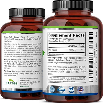 Zazzee Myo-Inositol Capsules, 2000 mg per Serving, 120 Vegan Capsules, Ideal Dosage for 40:1 Ratio, 100% Vegetarian, Hormone Balance & Healthy Ovarian Function Support, All-Natural and Non-GMO
