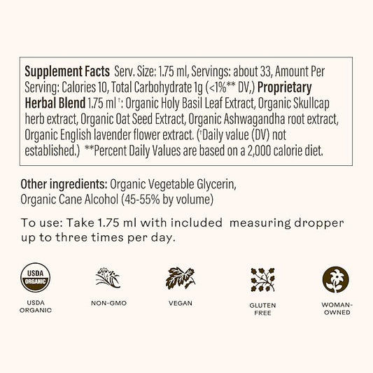 Wooden Spoon Herbs Tranquility Tonic | Organic Stress Relief & Sleep Aid Tincture | Unique Herbal Blend of Skullcap, Ashwagandha, Oat Tops, Holy Basil, Lavender | 2oz, 32 Servings