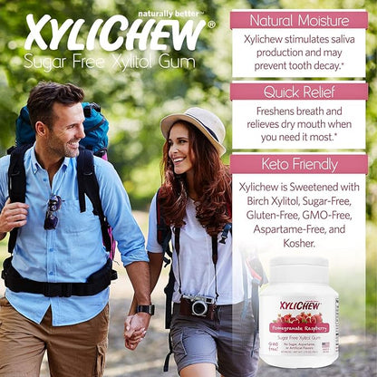 Xylichew 100% Xylitol Chewing Gum - Non GMO, Non Aspartame, Gluten Free, and Sugar Free Gum - Natural Oral Care, Relieves Bad Breath and Dry Mouth - Pomegranate Raspberry, 240 Count