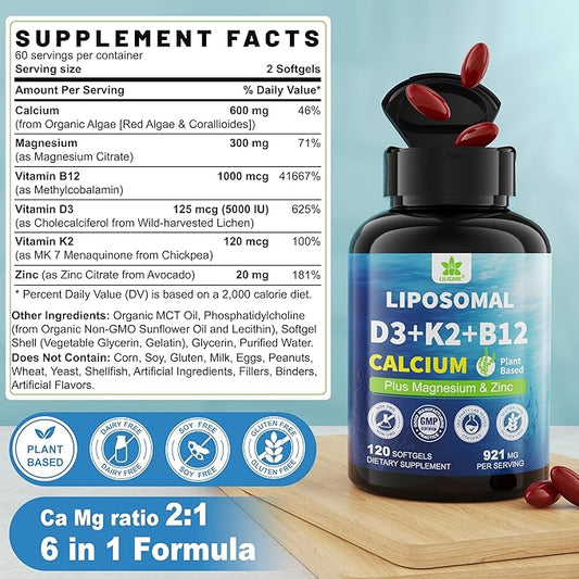 6-in-1 Plant Based Calcium Supplements for Women Men- Calcium 600mg w/ D3 K2 5000 IU Vitamin, Liposomal & Algae Ca-lcium Magnesium Zinc + Vegan Vitamin D 5000 IU + K2 MK7 + Methyl B12 for Bone, 1 Pack