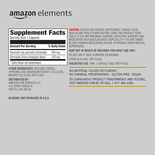 Amazon Elements Quercetin + Bromelain, 500 mg Quercetin with 150 mg Bromelain, Vegan, Pineapple, 50 Capsules