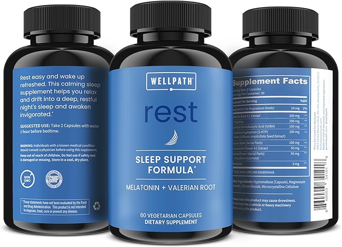WellPath Rest Valerian Root Sleep Aid for Adults with Melatonin & L-Theanine | Natural & Herbal Sleeping Pills with Extra Strength | | 5-HTP, Lemon Balm, Chamomile, 60 Ct