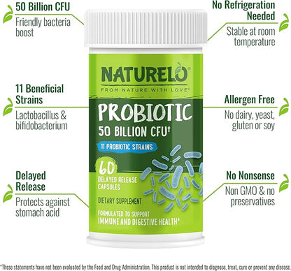 NATURELO Probiotics for Digestive Health - 50 Billion CFU, 11 Strains Daily Supplement - Boosts Immune System, Delayed Release, 60 Vegetarian Capsules