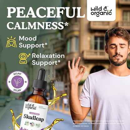 Wild & Organic Skullcap Tincture - Relaxation, Good Mood, Calmness - Liquid Skullcap Herb Supplement - Vegan, Sugar & Alcohol-Free Drops - 2 fl oz