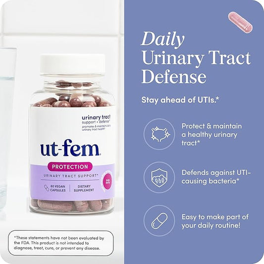 UT-Fem Protection - Urinary Tract Defense for Women, 3-in-1 Daily Defense Formula to Protect Urinary Tract Health, D-Mannose, Cranberry + Hibiscus, Natural Supplement - 60 Vegan Capsules