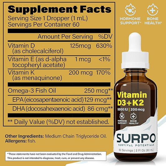 Vitamin D3 + K2 Liquid Drops with Omega 3 Oil - 5000 IU Vitamin D Drops K2 for Hormone Support & Bone Health - Liquid Vitamin D3 with K2 Drops for Maximum Absorption - 2Fl Oz Vitamin K2 D3
