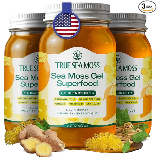 TrueSeaMoss Sea Moss Gel – Made in USA – 5-in-1 Formula – Wildcrafted Seamoss, Ashwagandha & Sea Vegetables – Ashwagandha, Pack of 3 (Labels may Vary)