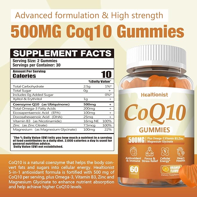 2 Pack 500MG Coq10 Gummies - 3X Better Absorption, Plus Omega-3, Magnesium, Vitamin B3 & Zinc - Coenzyme Q10 Supplements for Heart Health, Cellular Energy & Antioxidant, Vegan, 120 Counts