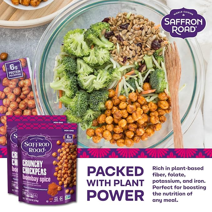 Saffron Road Roasted and Crunchy Bombay Spice Chickpeas | High Protein Snacks | Gluten-free, Vegan, Non-GMO, and Certified Halal and Kosher | 5.4oz Pouch | Pack of 6