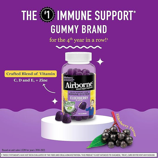 Airborne Elderberry + Zinc & Vitamin C Gummies for Adults, Immune Support with Antioxidants Vitamins C, D & E, 130 Count, Elderberry Flavor