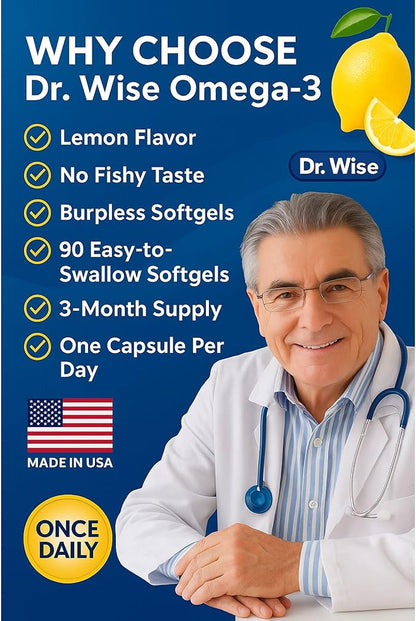 Triple Strength Omega 3 Fish Oil 3600mg – 1300mg EPA & 860mg DHA- Once Daily – Burpless Lemon Flavor, – Supports Heart, Brain, Joint & Eye Health – Wild Caught, Non-GMO, 90 Softgels, 3-Month Supply