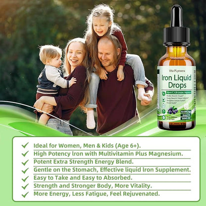 2 Pack Liquid Iron Supplement for Women Men & Kids, Vegan Iron Drops with Vitamin C D, B12, B-Complex, High Potency Liquid with Multivitamin for Anemia, Energy Support, Magnesium Iron Gentle