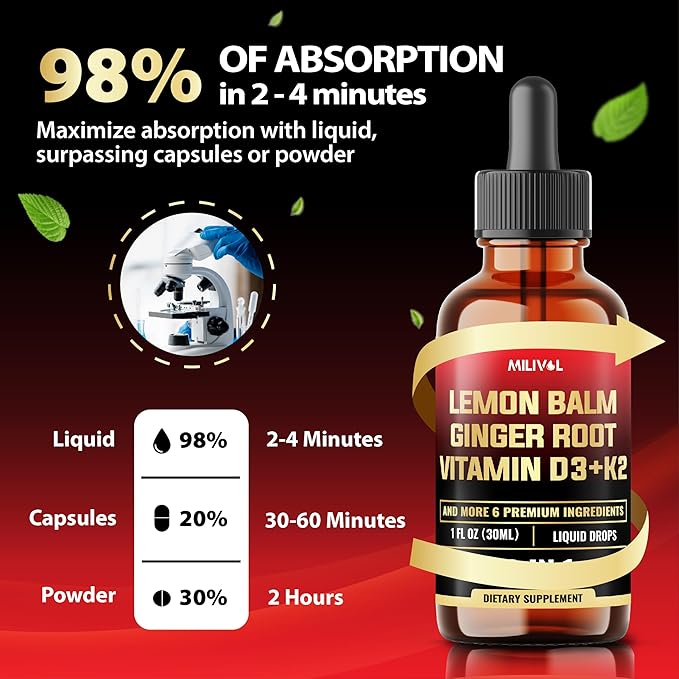 10in1 Lemon Balm Tincture - 3300mg Lemon Balm Leaf Extract Liquid Drops with Ginger Root, Turmeric Liquid, Ceylon Cinnamon, Vitamin D3, K2-1Fl Oz - 60 Servings