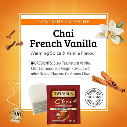 Twinings French Vanilla Chai Black Tea Individually Wrapped Bags, 20 Count (Pack of 6), Warm, Sweet & Spicy, Caffeinated, Enjoy Hot or Iced, 120 Teabags