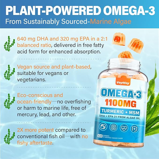 Vegan Omega 3 Gummies 1100mg + Turmeric - Alage Oil Omega 3 Supplement for Adults with DHA 640mg & EPA 320mg - Plus MSM, Astaxanthin, Vitamin E, D3, Black Pepper, Sugar-Free, 60 Counts