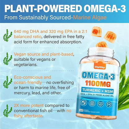 Vegan Omega 3 Gummies 1100mg + Turmeric - Alage Oil Omega 3 Supplement for Adults with DHA 640mg & EPA 320mg - Plus MSM, Astaxanthin, Vitamin E, D3, Black Pepper, Sugar-Free, 60 Counts