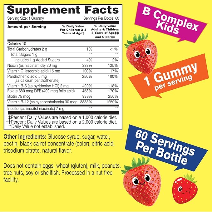 WellYeah B Complex Gummies for Kids - with Vitamin C, Niacin, Vitamin B6, Folic Acid, Vitamin B12, Biotin & Pantothenic Acid - 2 Month Supply - Strawberry Flavor - Non GMO, Gluten Free - 60 Gummies