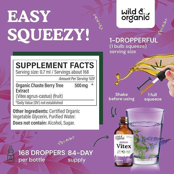 Wild & Organic Vitex Tincture - Vitex Chasteberry Supplement for Women - Liquid Chaste Tree Berry Extract for Good Mood - Vegan, Sugar & Alcohol-Free Herb Drops - 4 fl oz