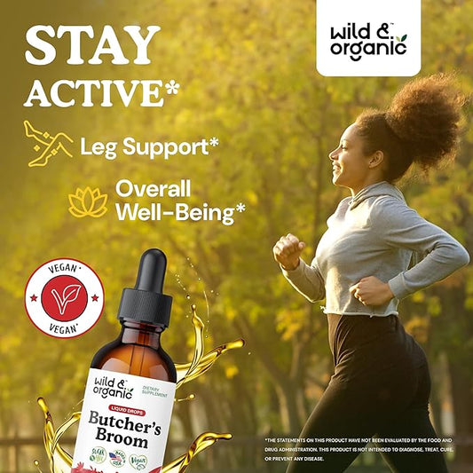 Wild & Organic Butchers Broom Root Drops - Liquid Supplement for Leg Support - Alcohol Free Butcher's Broom Tincture - Ruscus Aculeatus Herb - Vegan, Non-GMO, No Sugar - 2 fl oz