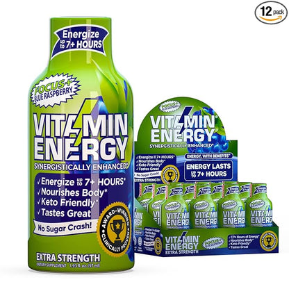 Vitamin Energy Focus+ Extra Strength Energy Shot Blue Raspberry 12 Pack, 260mg Natural Caffeine, B-Vitamins, CoQ10, Amino Acids, Focus, Productivity & Clarity, Zero Sugar, Gluten-Free, 1.93 fl oz