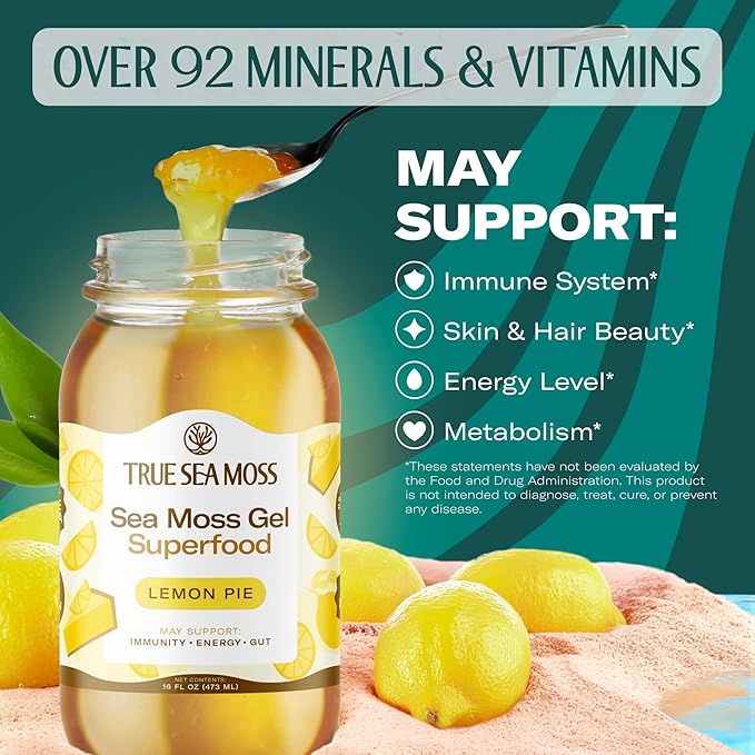 TrueSeaMoss Sea Moss Gel – Made in USA – Wildcrafted Seamoss, Fresh Fruits & Sea Vegetables – Lemon Pie, Pack of 1 (Labels may Vary)