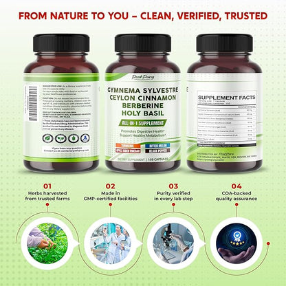 All-in-1 Gymnema Sylvestre Ceylon Cinnamon Berberine1, High Potency s for Digestive Health & Metabolism Support - Made in The USA