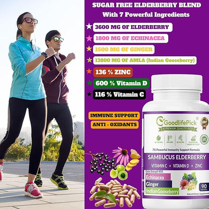 7X Elderberry with ZINC, Vitamin C, Vitamin D, Echinacea, Ginger & Indian Gooseberry (Amla).Premium Elderberry Capsules 90 ct, All Natural,Vegan,Non-GMO, No Rice Powder, No-Gluten, No Sugar