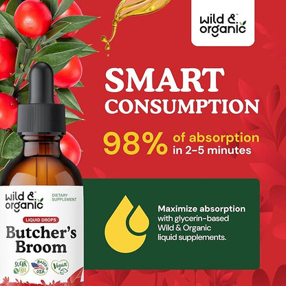 Wild & Organic Butchers Broom Root Drops - Liquid Supplement for Leg Support - Alcohol Free Butcher's Broom Tincture - Ruscus Aculeatus Herb - Vegan, Non-GMO, No Sugar - 2 fl oz