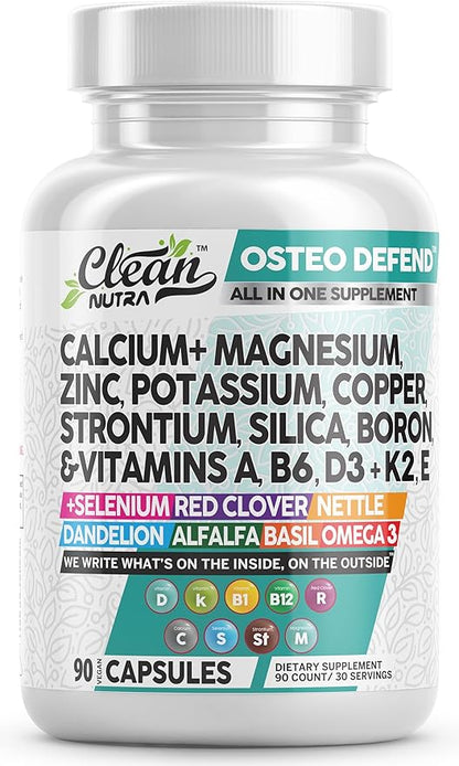 Allin1 Calcium Magnesium Zinc Supplement with Potassium, Copper, Strontium, Silica, Vitamin D3 K2, Boron, Vitamin B1 B12 Red Clover Herb Alfalfa Basil Pills for Men & Women Clean Nutra Osteo Defend