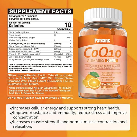 1 Pack 500MG CoQ10 Supplement Gummies, Omega-3, Magnesium, Vitamin B3, Zinc, Ultra High Absorption Provides Healthy Support for Heart, Cell Energy＆ Antioxidants, 60Cts.