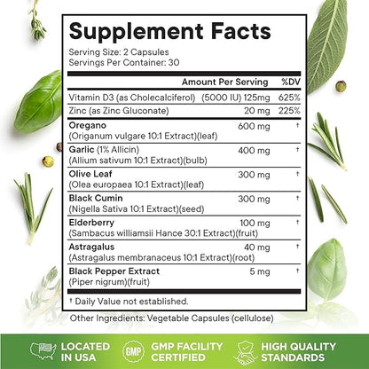 Superfood MD Oregano Oil Garlic Extract Olive Leaf Black Seed Oil Astragalus- for Women and Men- 60 Count
