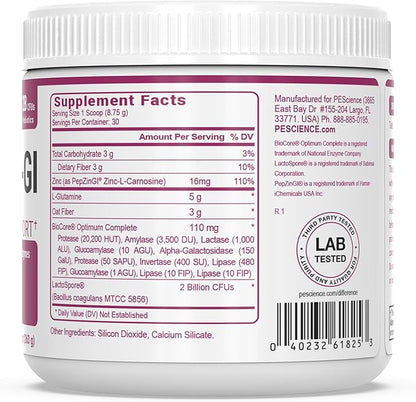 PEScience Complete-GI Gut Health Powder, Probiotics for Women and Men, Digestive Enzymes, Prebiotic Fiber, L Glutamine, Pepzin GI Zinc Carnosine, Unflavored, 30 Servings