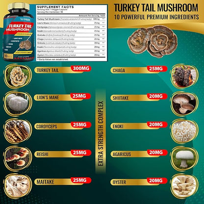 Turkey Tail Mushroom Supplement Extract with Lions Mane, Cordyceps, Reishi and More, 10 Herbs in 1 | Improves Digestive Function, Supports Immune System, 3 Months Supply