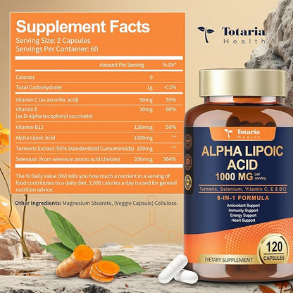 2 Packs Alpha Lipoic Acid 1000mg Antioxidant Supplement Capsules for Neuropathy Support Supplement Nerve Health, Liver Detox, Antioxidant, Metabolism and Cell Energy, Anti-Aging - Non-GMO, Gluten Free