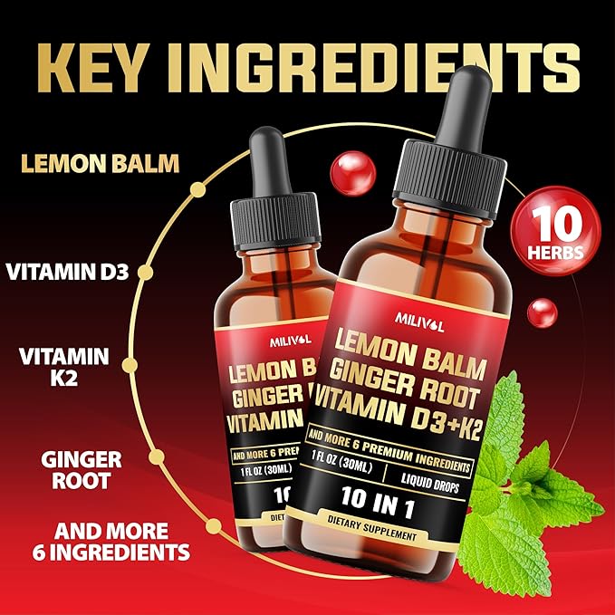 10in1 Lemon Balm Tincture - 3300mg Lemon Balm Leaf Extract Liquid Drops with Ginger Root, Turmeric Liquid, Ceylon Cinnamon, Vitamin D3, K2-1Fl Oz - 60 Servings