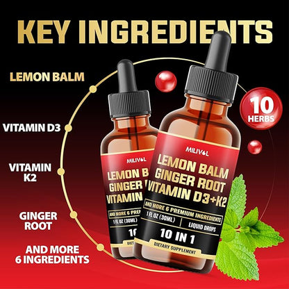 10in1 Lemon Balm Tincture - 3300mg Lemon Balm Leaf Extract Liquid Drops with Ginger Root, Turmeric Liquid, Ceylon Cinnamon, Vitamin D3, K2-1Fl Oz - 60 Servings