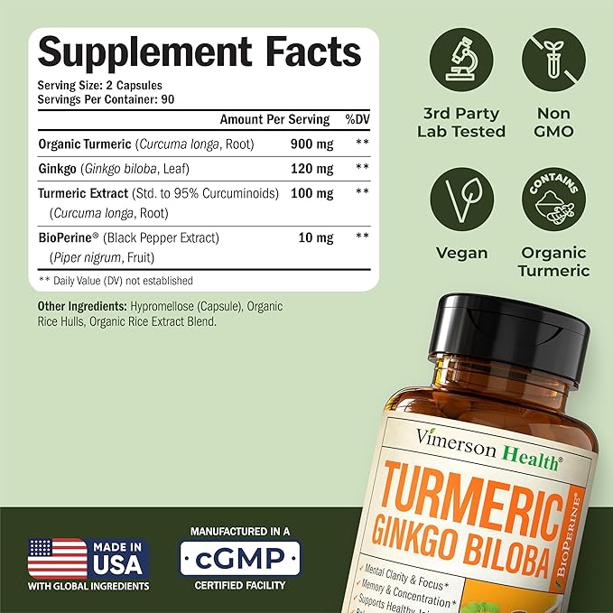 Turmeric Curcumin Supplement with Ginkgo Biloba & Black Pepper – Natural Turmeric Supplement with Organic Tumeric for Joint Support, Brain Clarity, Focus & Memory – Vegan, 180 Ginko Biloba Capsules